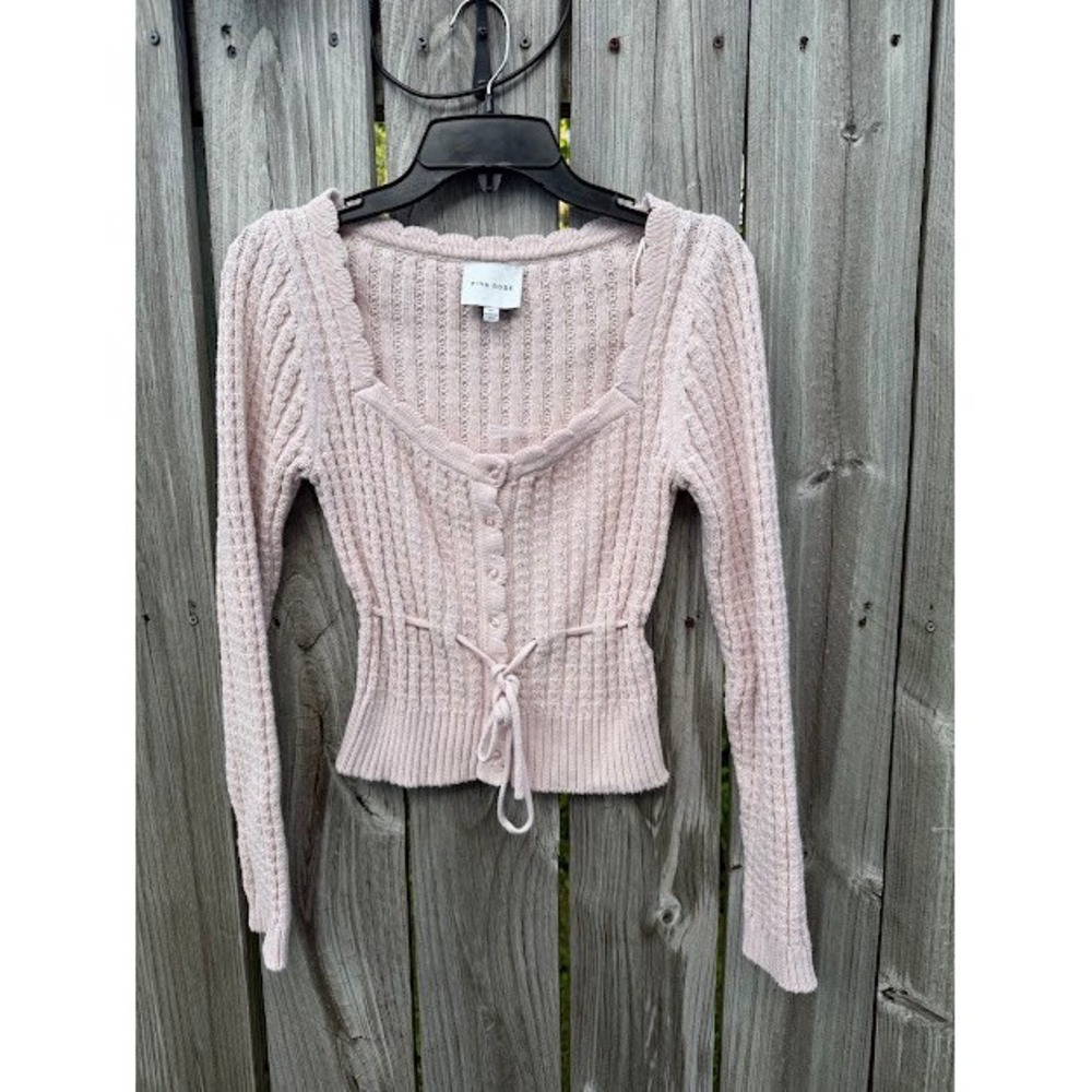 Coquette Pink Rose Cardigan Women Medium Blush Pink Pointelle Sweetheart Peplum
